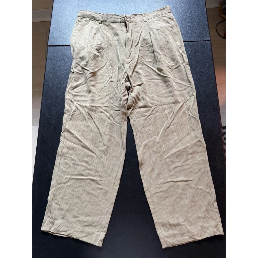 Tommy Bahama Mens 100% Silk Pleated Herringbone Trousers Khaki Tan 36x28